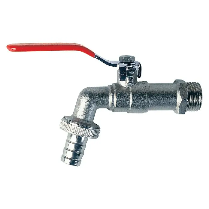 Grifo de esfera para manguera - 1″ - Grifo metálico con mango rojo, ideal para uso exterior, robusto y duradero. Perfecto para jardines o patios, proporcionando una fuente de agua fiable.
