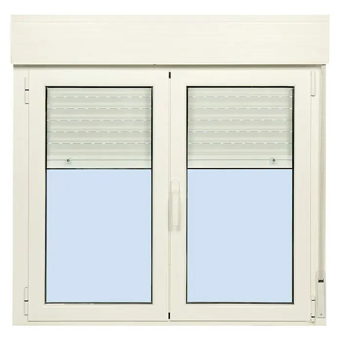Solid Elements Ventana de aluminio practicable-oscilobatiente - 120 x 115 cm, Derecha, Blanco - Una ventana con persianas enrollables parcialmente cerradas que ofrecen privacidad y luz entrante reducida.