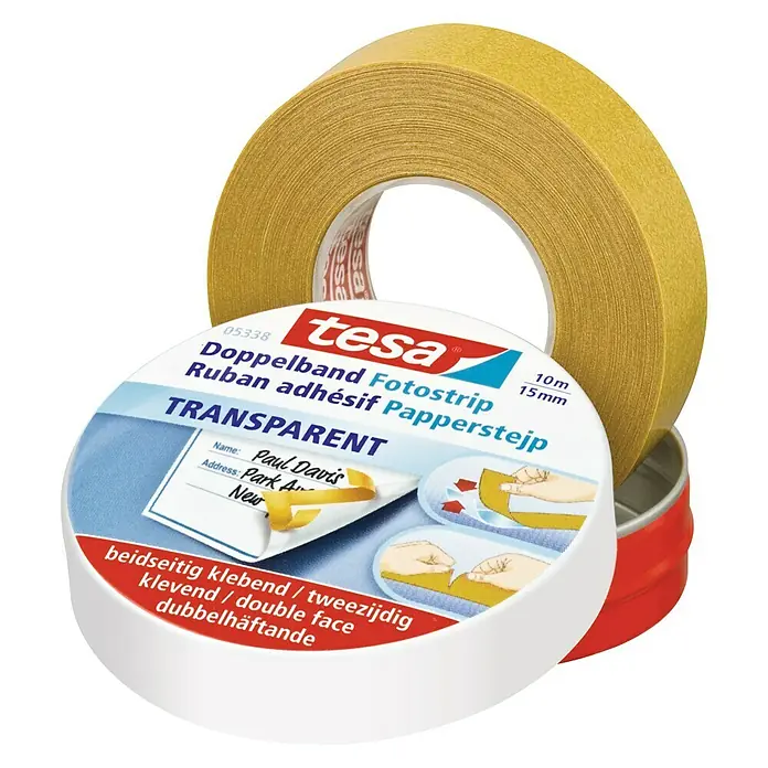 Tesa Doppelband Fotostrip - 10 m x 15 mm, Inkl. Metalldose - Tesa Doppelband Fotostrip: Transparentes, doppelseitiges Klebeband für Fotos und Papierarbeiten, 10m x 15mm.