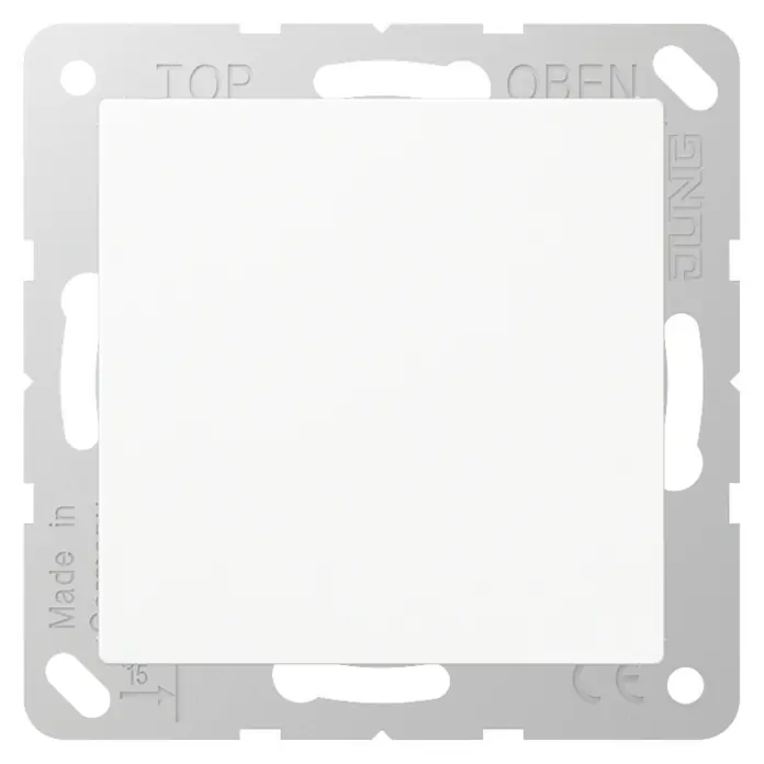 Jung AS 500 Blindabdeckung A594-0WW - Alpinweiß, Kunststoff, IP20 - Lichtschalterrahmen der Marke Jung mit Hinweisen wie "Top", "Oben" und "Made in", ideal für Elektroinstallationen.