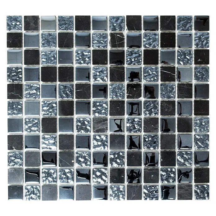 Mosaikfliese Quadrat Crystal Mix XCM M862 - 32,7 x 30,2 cm, Schwarz, Glänzend - Quadratisches Mosaik aus Glas- und Natursteinfliesen in Grau- und Schwarztönen für ein edles und modernes Wanddesign.