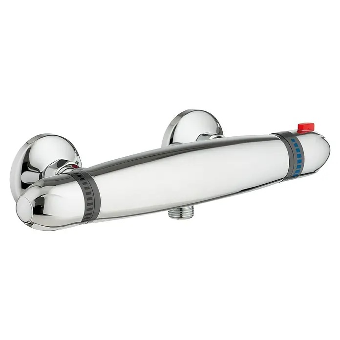 Camargue Calios Thermostatarmatur - Breite: 309 mm, Chrom, Glänzend - Dieses Bild zeigt eine Thermostat-Duscharmatur aus Chrom mit rotem Knopf und blauen Markierungen zur Temperaturregelung.