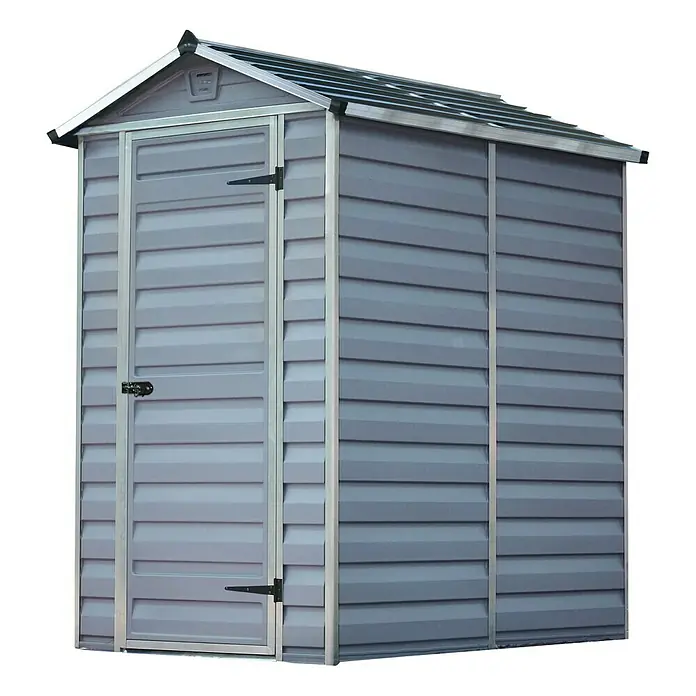 Palram – Canopia Gartenhaus Skylight - Außenmaß inkl. Dachüberstand (B x T): 121 x 177 cm, Kunststoff, Anthrazit/Grau - Ein graues Gerätehaus mit einer Tür und horizontalen Brettern, ideal für die Aufbewahrung im Garten.