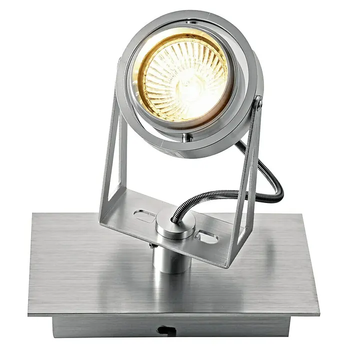 Voltolux Tech Foco para pared y techo - 50 W - Primer plano de un moderno foco plateado con bombilla cálida, ideal para interiores elegantes y contemporáneos.