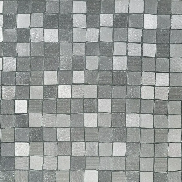 D-c-fix StaticStripes Glasfolie Globe - 200 x 7,5 cm, Transluzent, Statisch haftend - Graues Mosaikfliesenmuster. Das Muster zeigt Variationen in der Schattierung, die sich ideal für Wand- oder Bodenbelagsdesigns eignen.