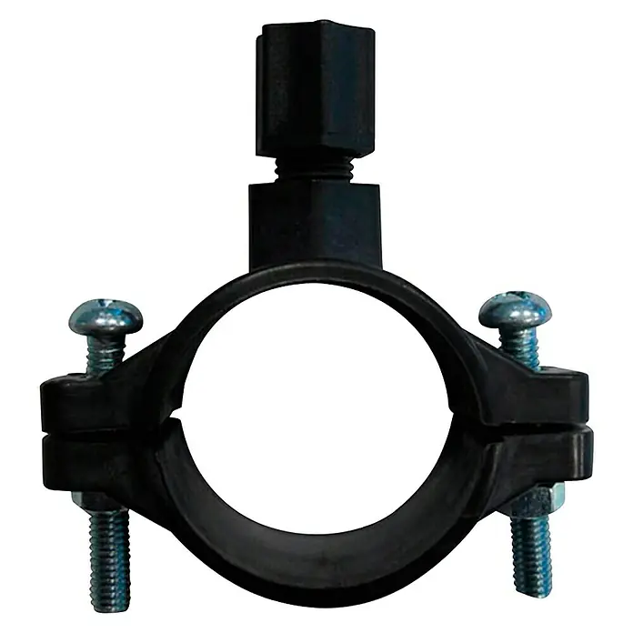 Bb agua Abrazadera para conexión desagüe 1/4" - Apto para: Equipos de ósmosis - Imagen de una abrazadera de tubo de plástico negra con tornillos para la fijación y una conexión roscada.