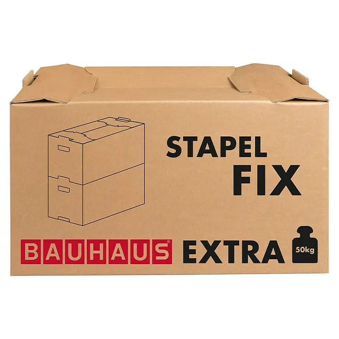 BAUHAUS Umzugskarton Stapel Fix Extra - Traglast: 50 kg, L x B x H: 71 x 36 x 39,5 cm - Karton mit der Aufschrift "Stapel Fix Bauhaus Extra" und einem Gewichtssymbol von 50 kg, ideal für Lagerung und Transport.