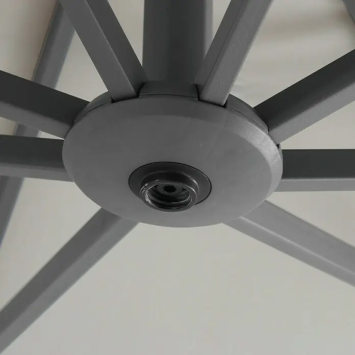 Sunfun Parasol de jardín Doble Ligurien - Crudo, Diámetro de cobertura: 290 cm - Primer plano de un soporte de sombrilla gris con puntales metálicos y una fijación central, mostrando el producto.