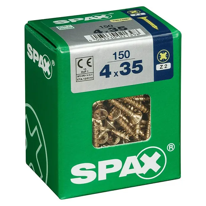 Spax Universalschraube - 4 x 35 mm, Vollgewinde, 150 Stk. - Nahaufnahme einer grünen Spax Schrauben-Box, die Schrauben der Größe 4x35 enthält. Perfekt für Heimwerker- und Bauprojekte.