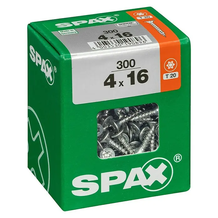 Spax T-Star plus Universalschraube T-Star plus - Ø x L: 4 x 16 mm, WIROX Oberfläche, T-Star plus, 300 Stk. - Eine grüne Packung SPAX Schrauben, Größe 4x16 mm, mit 300 Stück Inhalt, ideal für vielfältige Schraubarbeiten im Handwerk und DIY-Bereich.