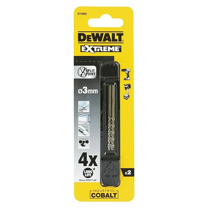 DeWalt Broca para metal DT4902-QZ - Diámetro de la broca: 3 mm - Juego de brocas DEWALT EXTREME DT4902: vida útil 4 veces superior, 2 unidades, 3 mm, ideal para acero inoxidable. Cobalto industrial para alto rendimiento.