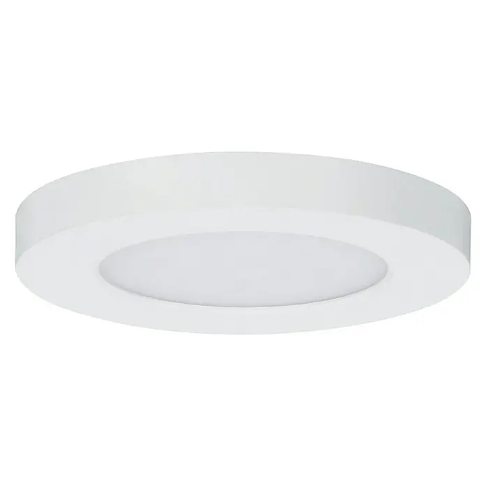 Paulmann LED-Einbauleuchte Cover-it - 6,5 W, Weiß, Durchmesser: 116 mm - Nahaufnahme einer runden, weißen LED-Deckenleuchte, die ein modernes und minimalistisches Design auf schwarzem Hintergrund zeigt.