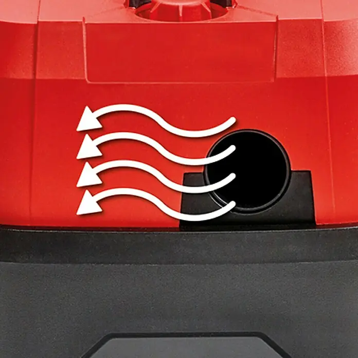 Einhell PXC 18V Aspirador en seco y húmedo de batería TE-VC 18/10 LI-Solo - 18 V, Sin batería, Volumen de recipiente: 10 l - Vista de cerca de una aspiradora que muestra indicadores de flujo de aire, destacando la eficiencia.