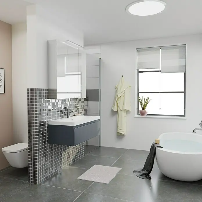 Camargue Espacio Badmöbel-Set i45 - 100 cm, Gama anthrazit glänzend - Ein modernes Badezimmer mit einem weißen, runden Deckenlicht, grauem Waschtisch und einer freistehenden Badewanne.