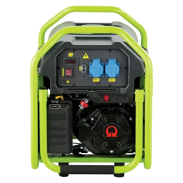 Pramac Generador PX4000 - 2,3 kW, Volumen del depósito: 18,5 l, Consumo: 1,29 l/h - Un generador de energía portátil con marco verde, que proporciona energía confiable para diversas aplicaciones.