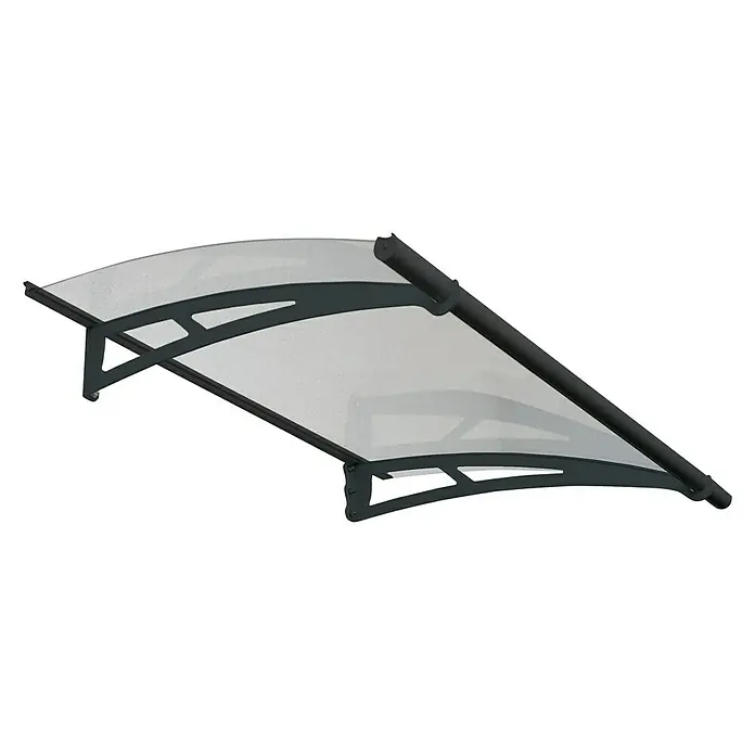Palram – Canopia Pultvordach Aquila - 150,5 x 91,5 x 17,5 cm, Anthrazitgrau, Farbe Dach: Klar - Bild einer modernen Haustürüberdachung mit transparentem Polycarbonat und robustem Rahmen für Wetterschutz.