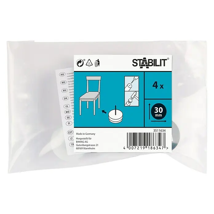 Stabilit Plastik-Gleiter30 mm, 4 Stk., Weiß, Mit Stift - Packung mit vier Stabilit Möbelgleitern mit einem Durchmesser von 30 mm zum einfachen Anbringen an Stuhlbeinen.