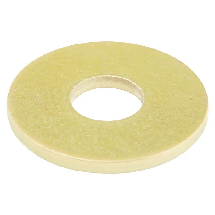 Karosseriescheibe - Innendurchmesser: 8,4 mm, Außendurchmesser: 24 mm, Messing, Blank, 8 Stk., DIN 9021 - Nahaufnahme einer flachen, runden Unterlegscheibe aus Nylon, die zum gleichmäßigen Verteilen der Last von Schrauben oder Bolzen verwendet wird.