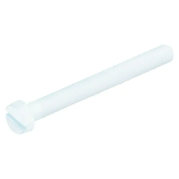 Stabilit Tornillo para plásticos - M 4, Largo: 10 mm, 10 ud., Blanco - Primer plano de un tornillo ranurado de plástico blanco. El tornillo tiene una rosca consistente en toda la longitud de su eje.