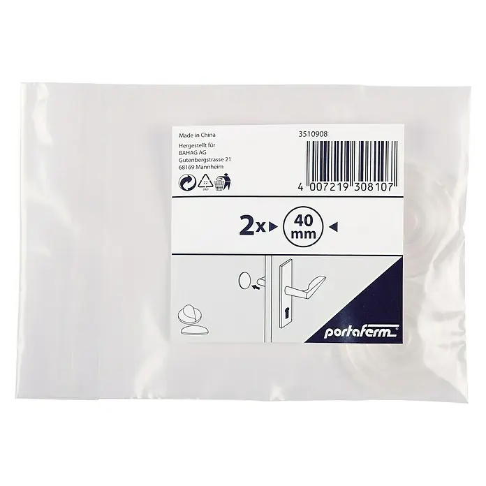 Portaferm Türpuffer - Durchmesser: 40 mm, Transparent, 2 Stk. - Verpackung mit 2 Türgriffen von Portaferm, 40 mm, hergestellt in China, mit Barcode und Herstellerinformationen.
