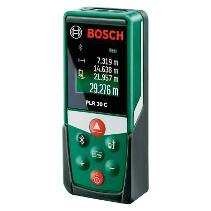 Bosch Medidor de distancia láser PLR 30 C - Gama de medición: 0,05 m - 30 m - Medidor láser digital Bosch PLR 30 C en verde y negro, con pantalla que muestra las mediciones.