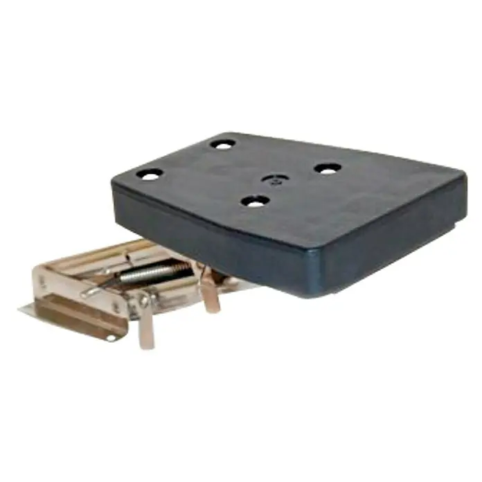 Soporte motor basculante - Negro, Apto para: Motores fuerborda, Acero inoxidable - Un primer plano de un soporte giratorio para barcos, con una base negra y un mecanismo plateado con un resorte para una rotación suave.