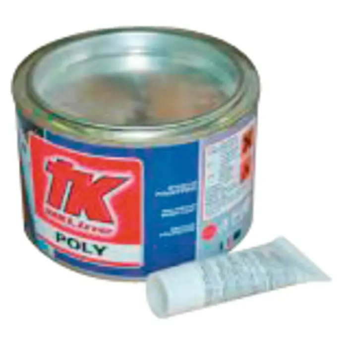 Kit de reparación de poliéster bicomponente - 250 g - Lata de masilla de relleno TK Poly con tubo de endurecedor incluido. El producto es adecuado para reparar superficies.