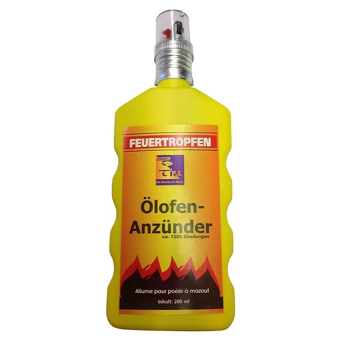 Ölofenanzünder - 200 ml - Abbildung einer gelben Flasche Feuerzeugbenzin, die speziell für Öfen entwickelt wurde.