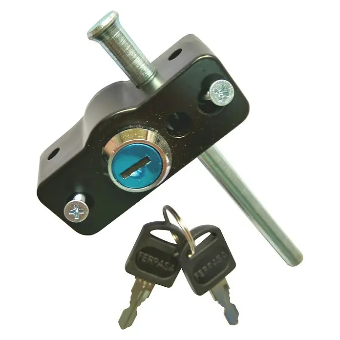 Cierre de seguridad para ventanas Multilock - Negro - Primer plano de un candado de seguridad negro con dos llaves, perfecto para mayor protección.