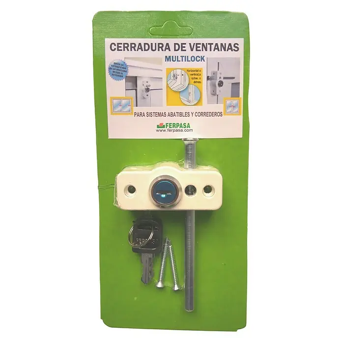 Cierre de seguridad para ventanas Multilock - Blanco - Cerradura de ventana Multilock de Ferpasa, ideal para asegurar ventanas. Incluye llaves y material de montaje para una fácil instalación.