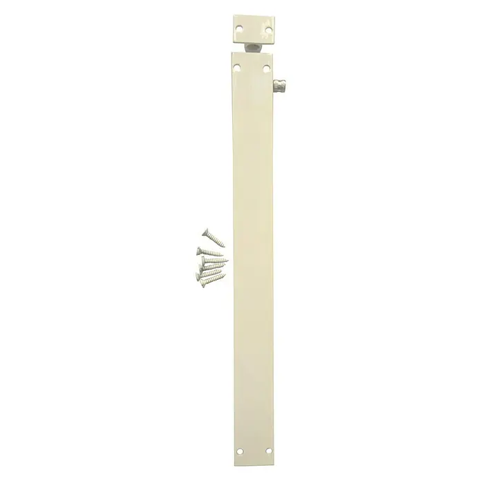 Cerradura adicional para ventanas - Largo: 300 mm, Aluminio, Blanco - Primer plano de una cerradura de cerrojo de caña de puerta color crema y los tornillos que la acompañan para una instalación segura y protección fiable.