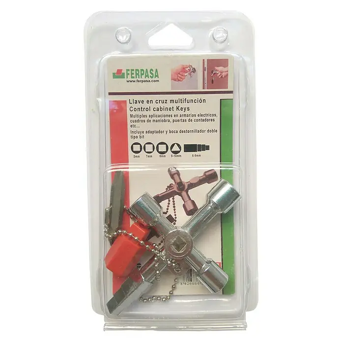 Llave fija de tubo en cruz - Aluminio - Llave de cruz multifunción para armarios de control de FERPASA. La herramienta ofrece múltiples aplicaciones y un destornillador doble.