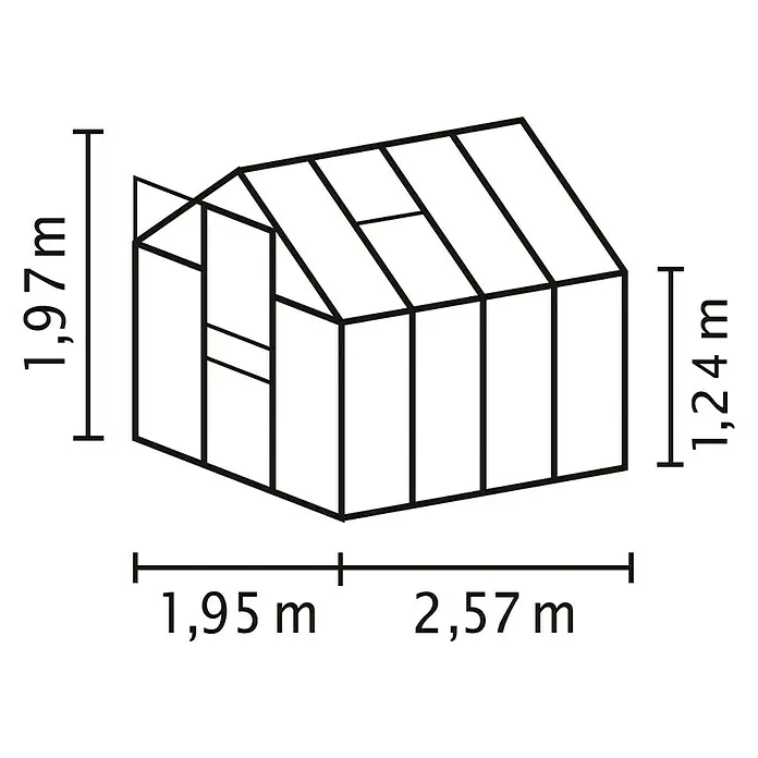 Vitavia Gewächshaus Venus 5000 Plus - Außenmaß inkl. Dachüberstand (B x T): 195 x 257 cm, 3 mm, Smaragd - Darstellung eines Gewächshauses mit den Maßen 1,97 m Höhe, 1,95 m Breite und 2,57 m Länge für den Garten.