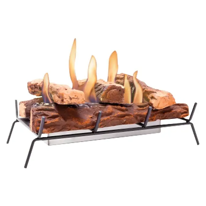Purline Bloque de combustión Lara 45 - L x An x Al: 32 x 44 x 11 cm, Marrón - Imagen de un juego de troncos para chimenea de gas que muestra troncos artificiales con llamas realistas.\n