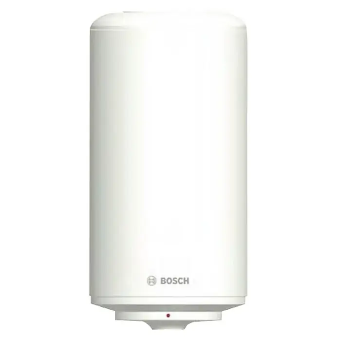 Bosch Termo eléctrico Tronic 2000T - 50 l, 1.500 W, Montaje en la pared - Un calentador de agua Bosch blanco. Diseño moderno para un suministro fiable de agua caliente doméstica, con el logotipo de Bosch en el frente.