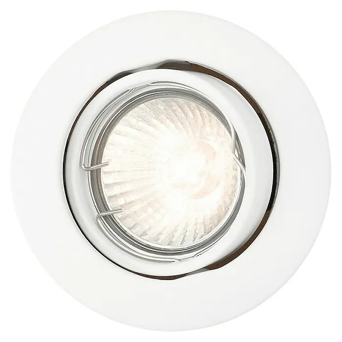 Philips Foco empotrable Enif - 50 W, Ø x Al: 9 x 10 cm, Blanco - Primer plano de una lámpara de techo blanca, redonda y empotrada con una bombilla encendida y brillante en el interior.