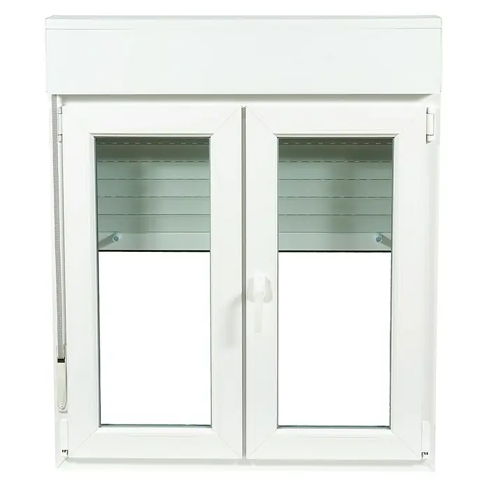 Solid Elements Ventana de PVC practicable-oscilobatiente - 140 x 138 cm, Derecha, Blanco - Ventana con persiana enrollable. La ventana blanca tiene persianas enrollables que están parcialmente bajadas, cubriendo parte de la ventana.