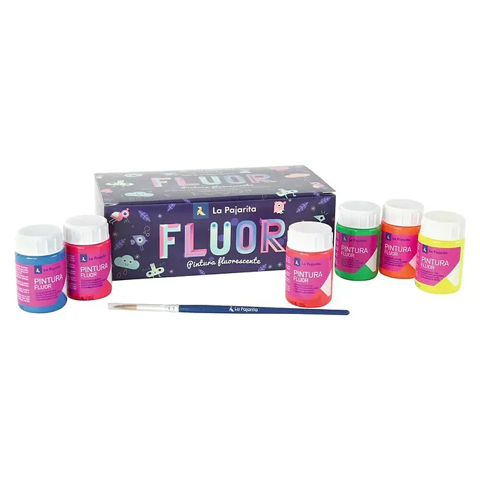 La Pajarita Pintura Kit Fluorescente - Multicolor - Pinturas fluorescentes La Pajarita: Un set de colores vibrantes y un pincel para proyectos de arte creativos. Ideal para niños y artistas.