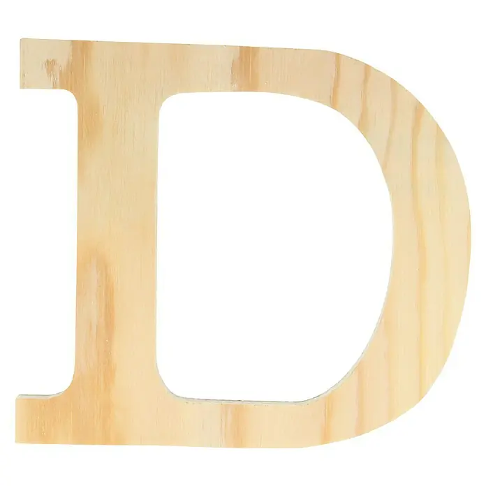 Artemio Letra de madera - Motivo: D, L x An x Al: 11,5 x 1 x 11,5 cm, Madera - Primer plano de una letra "D" de madera sin terminar de color marrón claro sobre un fondo blanco limpio.