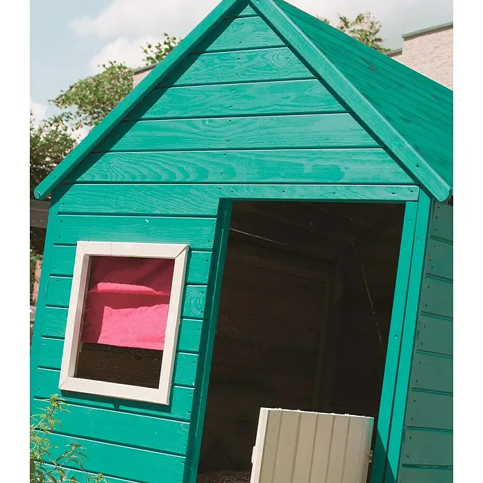 Soulet Spielhaus Marina - L x B x H: 123 x 119 x 158,5 cm, Holz, Natur - Detailaufnahme eines türkis gestrichenen Holzspielhauses mit weiß umrandetem Fenster und pinkfarbenem Rollo, das zum Spielen einlädt.