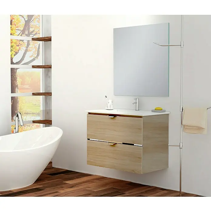 Camargue Espejo de pared Basic - 80 x 80 cm - Un tocador de baño moderno con dos cajones con aspecto de madera, complementado con un espejo y un toallero.