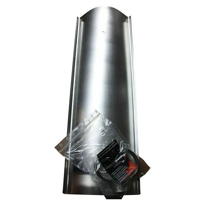 Wandschutz-Reflektor - Länge: 650 mm - Produktbild eines Ofenrohr-Wand-Schutz-Reflektors aus Metall mit Zubehör, ideal für Kaminöfen.