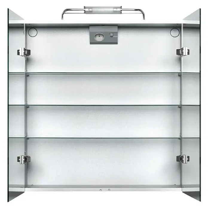 Jokey Spiegelschrank Belalu - B x H: 65 x 72,5 cm, Aluminium, Silber - Bild eines offenen Badezimmerschranks mit Glasböden und einer integrierten Leuchte. Der Spiegelschrank bietet viel Stauraum.