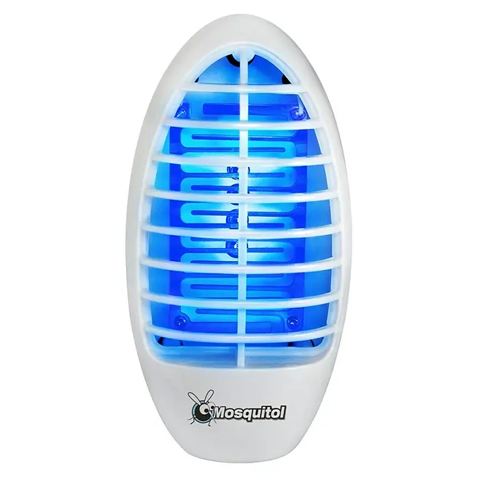 Antimosquitos Mosquitol - Blanco, 230 V, 2 ud. - Imagen de una trampa para mosquitos Mosquitool, un dispositivo blanco con luces UV azules que atrae y elimina los insectos. Ideal para uso interior.