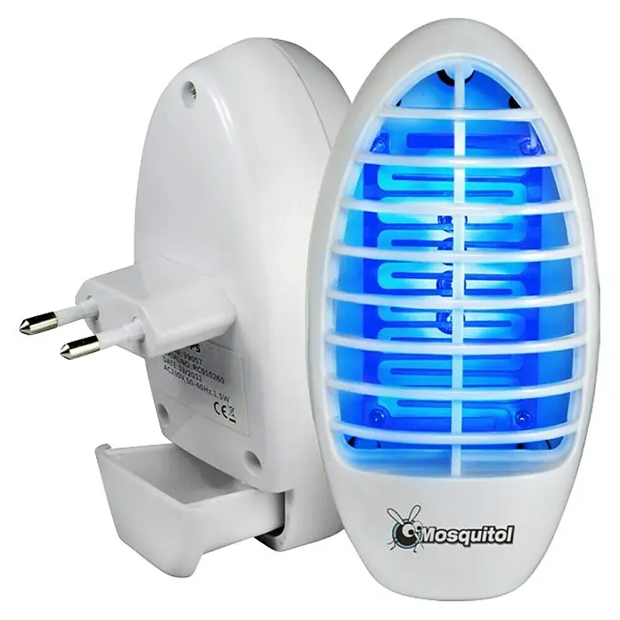 Antimosquitos Mosquitol - Blanco, 230 V, 2 ud. - Primer plano de un mata mosquitos con luz UV. El insecticida es blanco con una rejilla iluminada en azul.