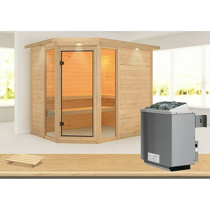 Karibu Massivholzsauna Sinai 3 - Mit 9 kW Ofen mit integrierter Steuerung, Mit Dachkranz und Beleuchtung, L x B x H: 264 x 198 x 200 cm - Diese Abbildung zeigt eine schöne Sauna mit einem grauen Saunaofen, der mit Steinen gefüllt ist. Ideal für entspannende Momente!