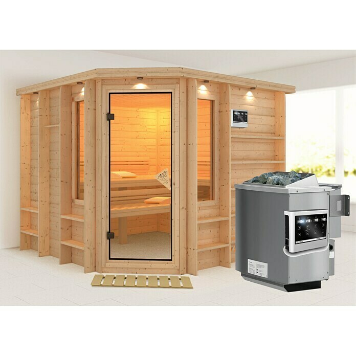 Karibu Massivholzsauna Marona (Mit 9 kW Bio-Ofen mit externer Steuerung, L x B x H: 259 x 245 x 192 cm)