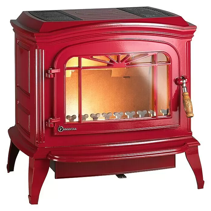 Invicta Estufa de leña Bradford - 9 kW, Volumen de calefacción: 360 m³, Rojo - Estufa de leña de hierro fundido rojo con puerta de cristal que muestra el hogar y asa de madera.