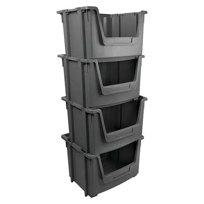 Tayg Gaveta 5040 - L x An x Al: 50 x 39,5 x 32 cm, Gris - Una pila de cuatro contenedores de almacenamiento grises apilados uno encima del otro. Los contenedores son perfectos para organizar herramientas.