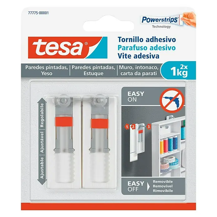 Tesa Tornillo adhesivo ajustable - Rectangular, Carga soportada: 1 kg, 2 ud. - Tornillos adhesivos Tesa: ideales para fijar objetos en diversas superficies sin necesidad de taladrar. Montaje fácil, flexible y sin residuos.